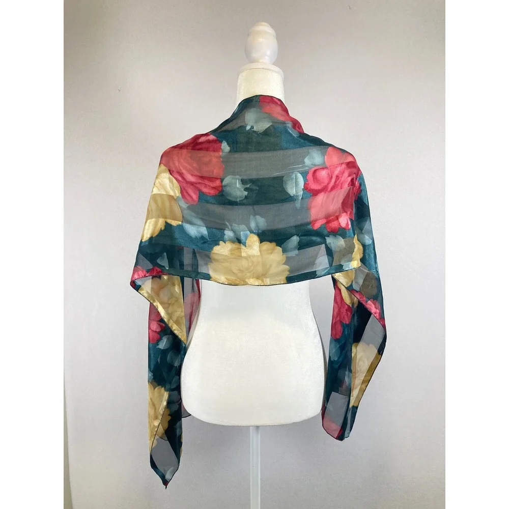 Romantic Floral Unbranded Women Teal Red Yellow Sheer Chiffon Style Scarf Wrap